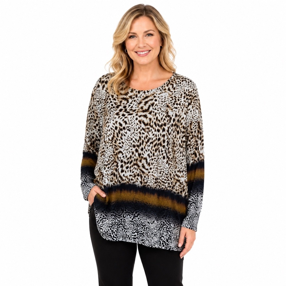NEW Jess & Jane 1X Brushed Knit Leopard Safari Print Long Sleeve Tunic Top